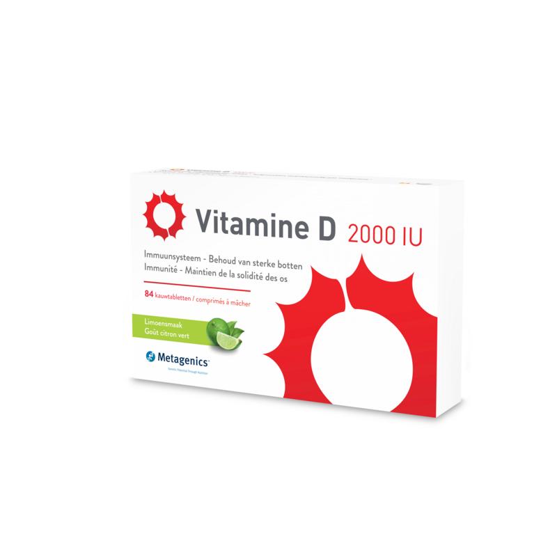 Metagenics Vitamin D 2000IU tablets, dietary supplement in a bottle, showing the label and tablets inside.