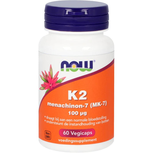 NOW K2 Menachinon-7 (MK-7) vegetarian capsules, 100mcg, in a bottle, showing the supplement's label and capsules inside.