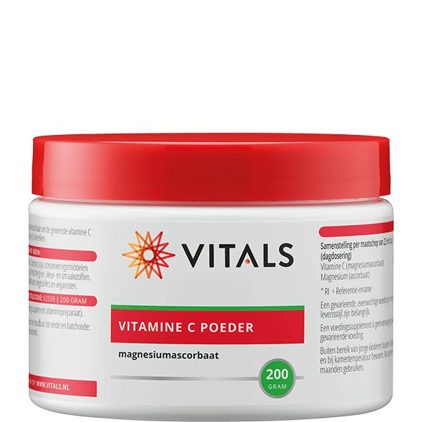 Vitals Vitamine C powder with magnesium ascorbate in a 200g container, shown in the image.