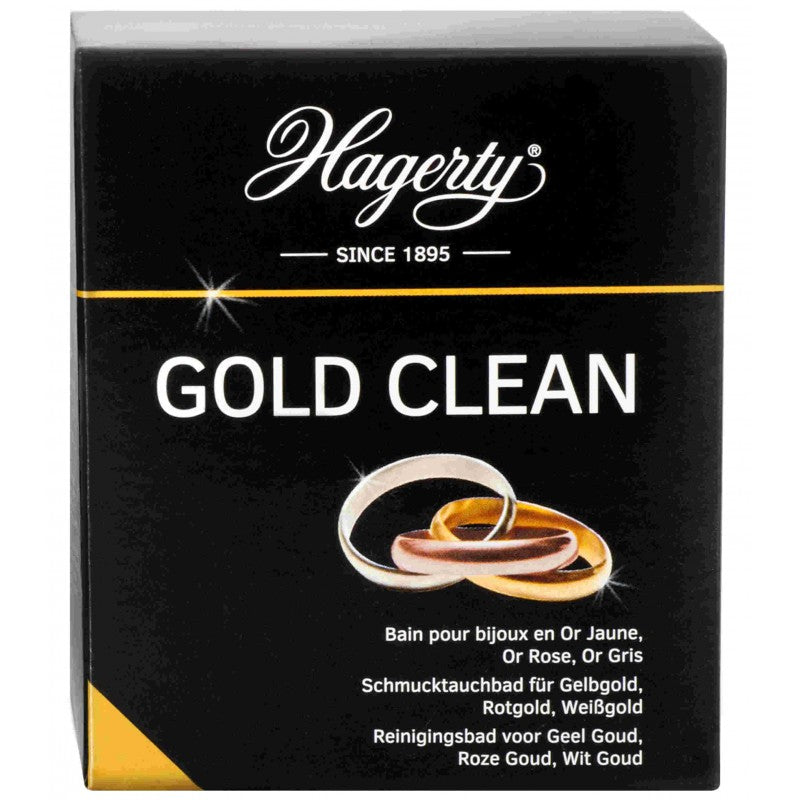 Hagerty Gold Clean 170ml bottle of cleaning product for jewelry care, with a white cap and clear label, on a plain background.