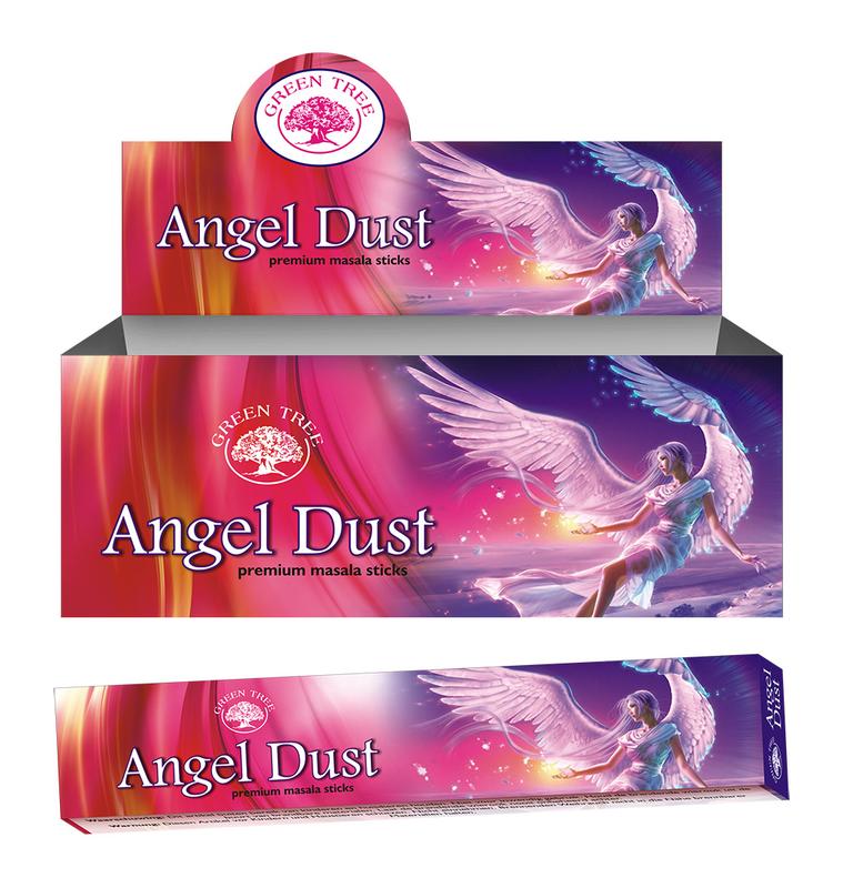 Green Tree angel dust incense sticks in a 15-gram package, featuring green and brown sticks with angel dust scent.