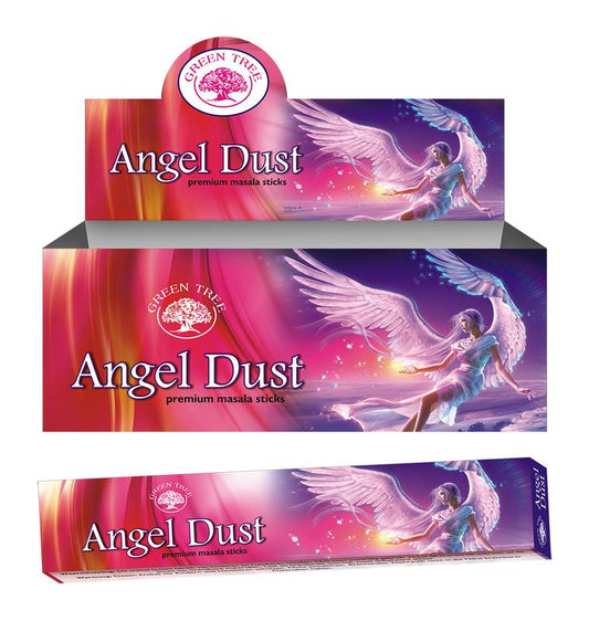 Green Tree angel dust incense sticks in a 15-gram package, featuring green and brown sticks with angel dust scent.