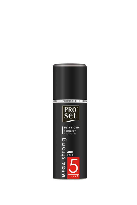 Proset Haarspray mega sterk, 50ml, hair styling spray in a clear spray bottle, designed for strong hold and long-lasting style.