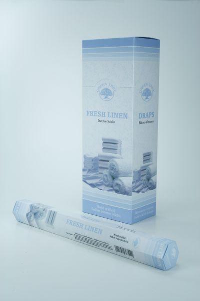 Green Tree Wierook fresh linen incense sticks, 20 pieces, with green packaging and wooden sticks for aromatic home use.