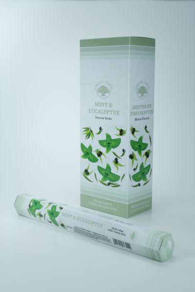 Green Tree mint and eucalyptus incense sticks, 20-pack, with fresh green herbs and natural wooden packaging.