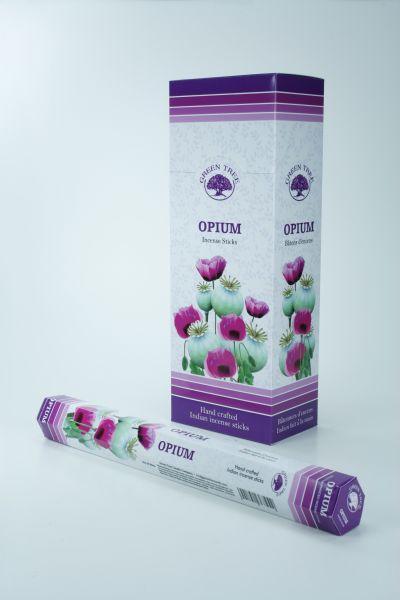 Green Tree Opium incense sticks, set of 20, with green packaging and traditional incense cones for aromatic burning.
