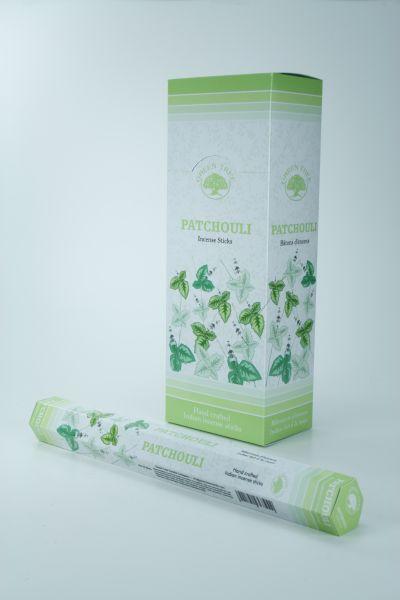 Green Tree Wierook patchouli incense sticks, 20-piece pack, natural aroma, with green packaging and traditional incense design