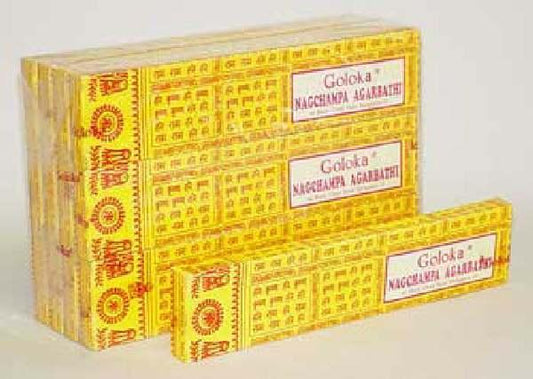 Goloka Nag Champa incense sticks, 16 grams, natural Indian incense for relaxing aromatherapy, shown in a close-up image.
