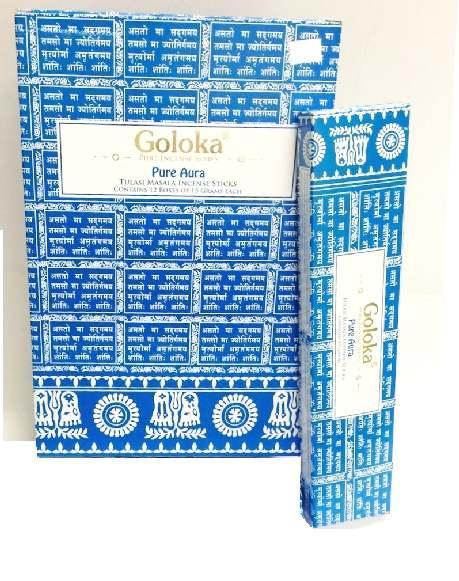 Goloka pure aura incense sticks, 15 grams, showcasing long, slender wooden sticks with burning tip and aromatic smoke.