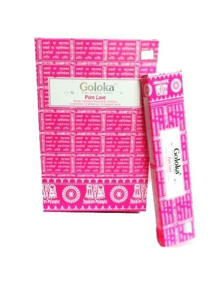 Goloka pure love incense sticks in a 15-gram package, showcasing slender wooden sticks with floral and aromatic packaging.