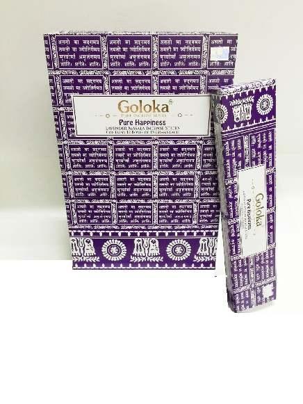 Goloka pure happiness incense sticks in a 15g pack, with natural brown bamboo sticks and fragrant aromatic incense.