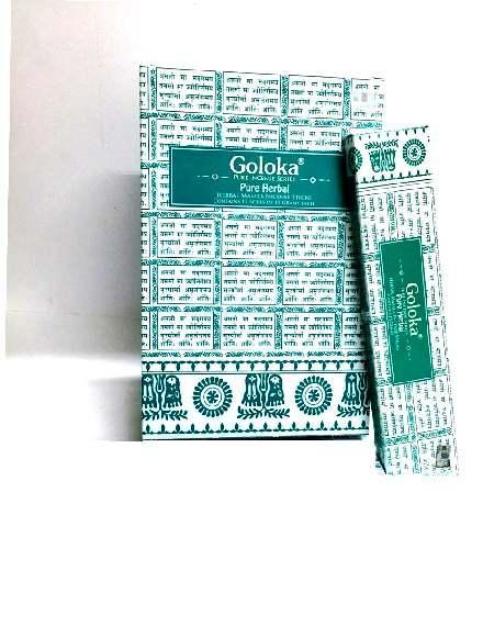 Goloka herbal incense sticks, pure natural Wierook, 15 grams, shown in a box with incense sticks ready for use.