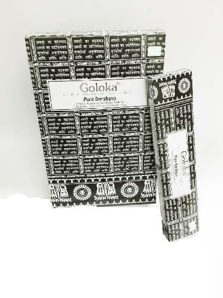 Goloka Wierookstokjes pure Darshana incense sticks, 15 grams, shown in a close-up image with packaging and incense sticks.