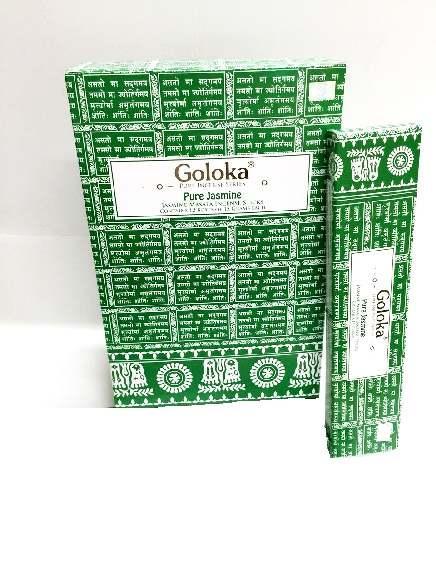 Goloka pure jasmine incense sticks, 15 grams, featuring natural jasmine floral scent and traditional incense packaging.