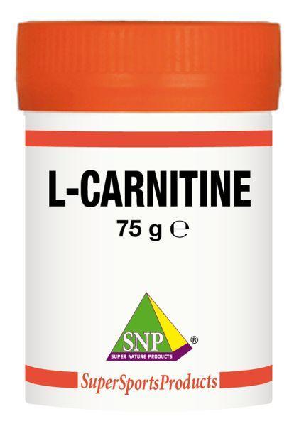 SNP L-Carnitine XX Puur amino acid supplement in 75g container, featuring clear labeling and a white and purple design.