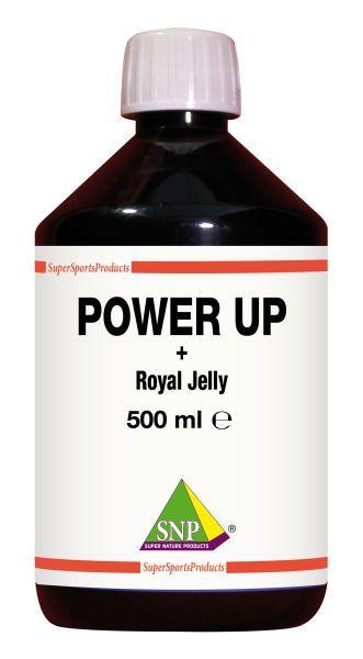 SNP Power Up herbal supplement bottle, 500ml, in a clear plastic container with a white label and green accents.