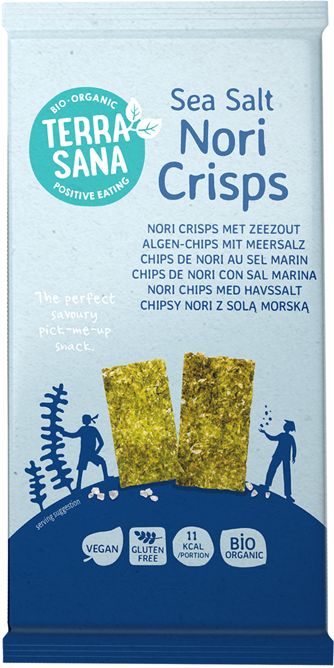 TerraSana Nori Crisps Zeezout bio chips with sea salt in 16g portion pack, featuring seaweed chips with sea salt seasoning.