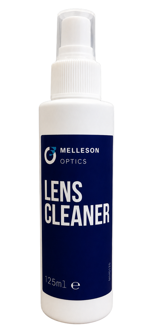 Melleson Optics lens cleaner spray bottle, 125ml, for cleaning eyeglasses and optical lenses, branded by Melleson Optics.