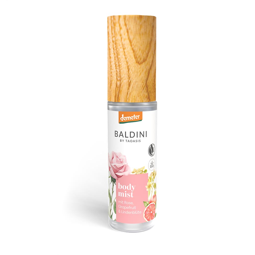 Baldini Body Mist Roos, 30ml rose-scented body spray for refreshing and hydrating body care.