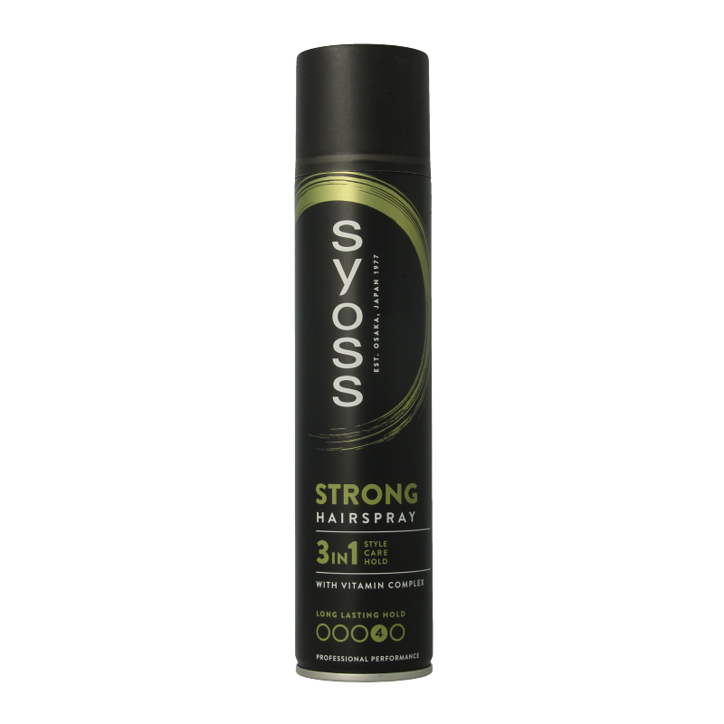 Syoss Haarspray HSP strong hold 300ml hair styling spray bottle with blue cap and clear label, showcasing its product packaging.