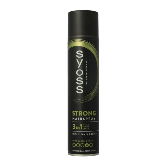 Syoss Haarspray HSP strong hold 300ml hair styling spray bottle with blue cap and clear label, showcasing its product packaging.