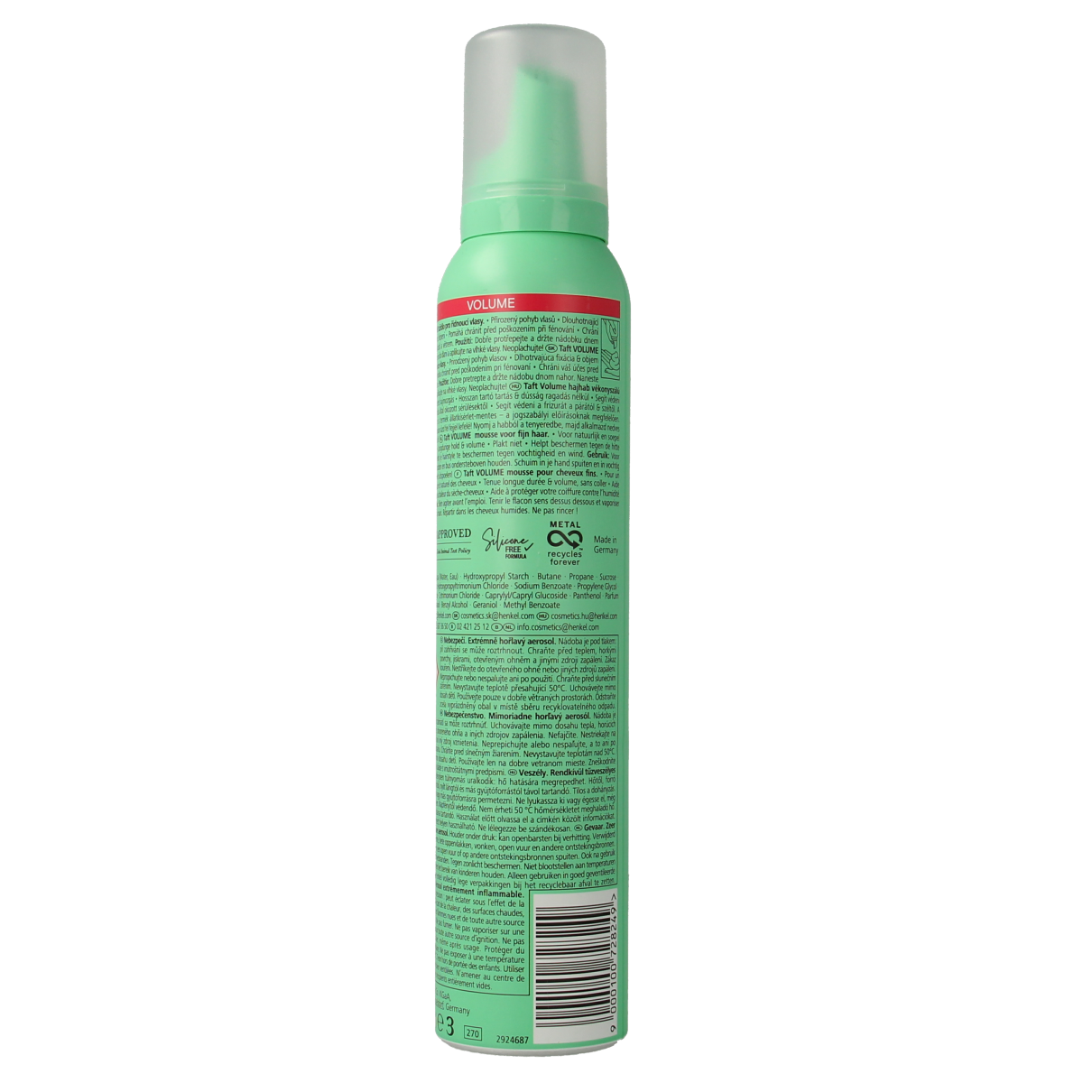 Taft Mousse Volume Mega Strong hair styling foam bottle, 200ml, with a white cap and clear label showing product details.