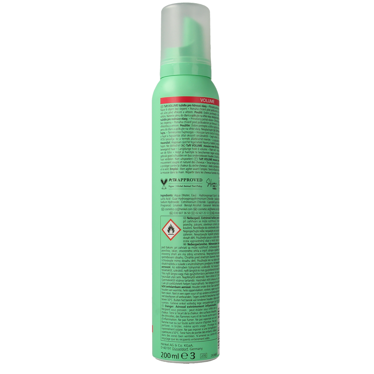 Taft Mousse Volume Mega Strong hair styling mousse bottle, 200ml, with a white and green design.
