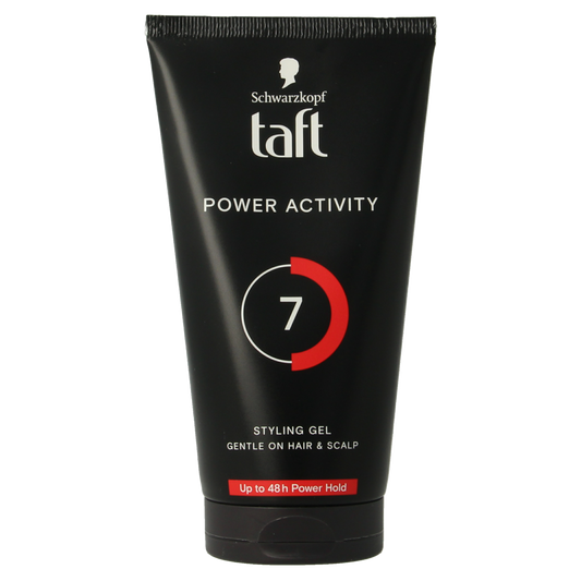 Taft Power active gel in 150ml for strong hold, shown in a clear container with the gel visible inside.