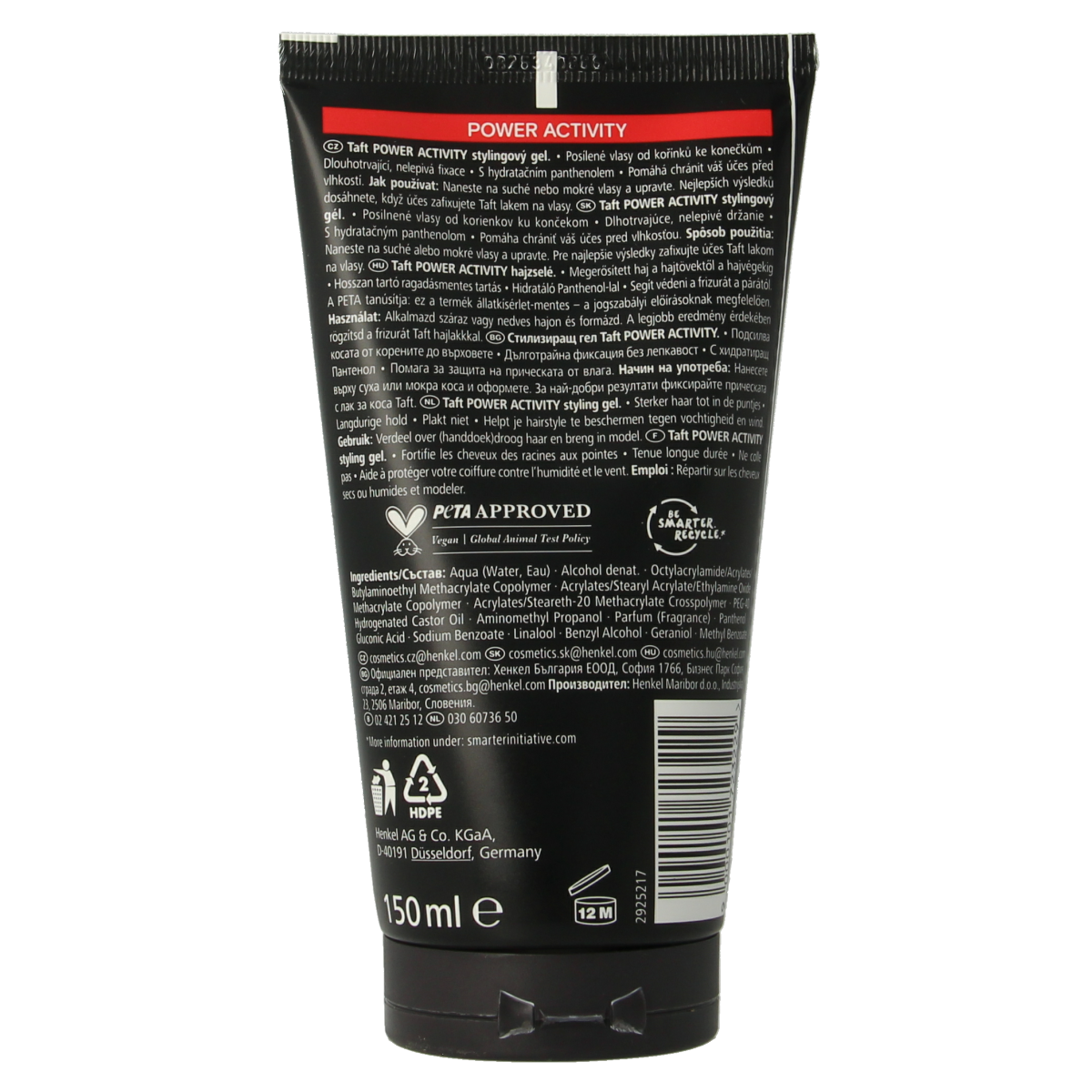 Taft Power active gel 150ml for strong hair styling, featuring clear gel in a tube with a twist cap.