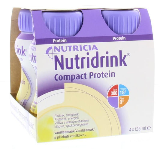 Nutricia Compact Protein vanille medical dietary supplement bottles, 125ml, four-pack, vanilla-flavored medical nutrition.