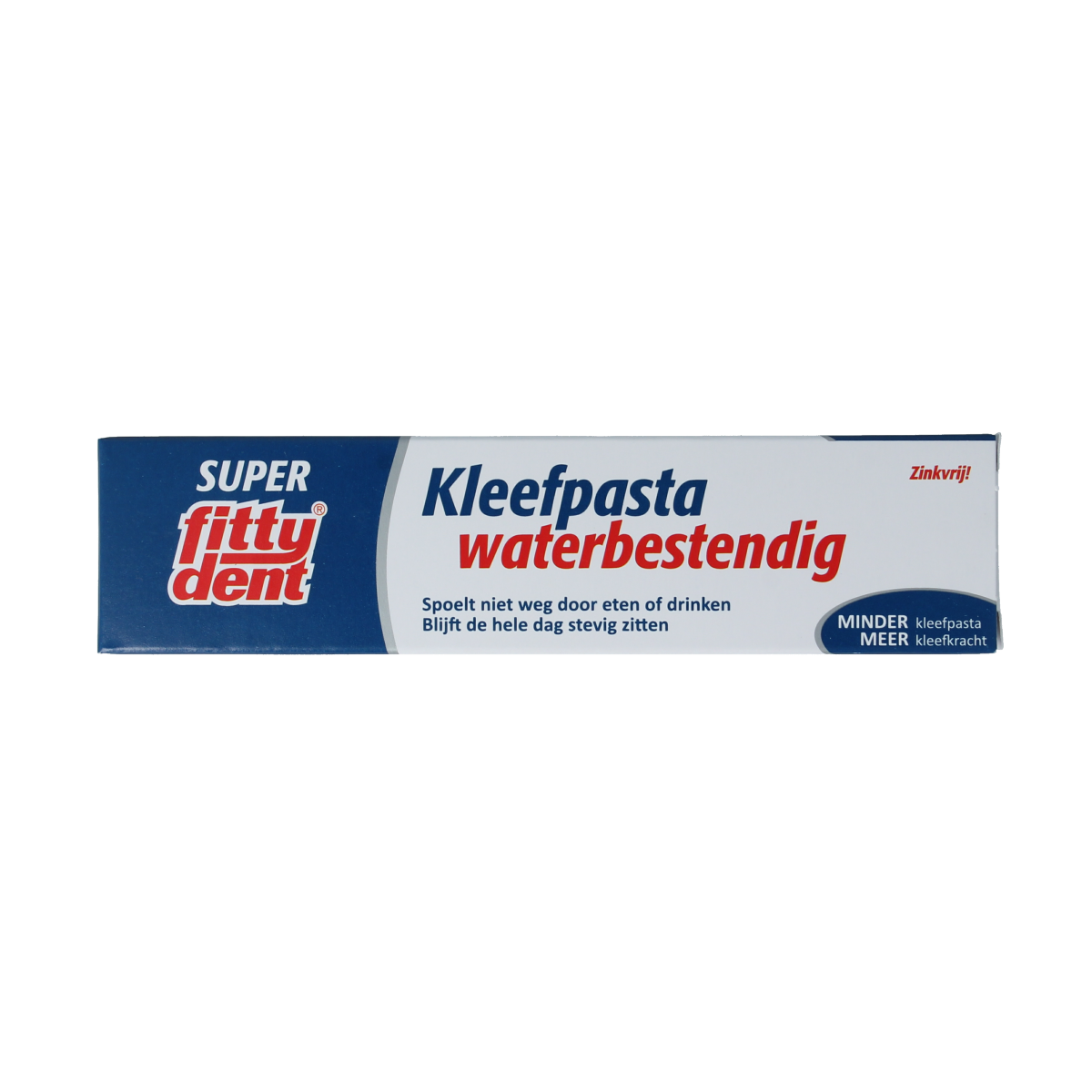Close-up of Fittydent Kleefpasta tube for dental prostheses, showing the label and product packaging.