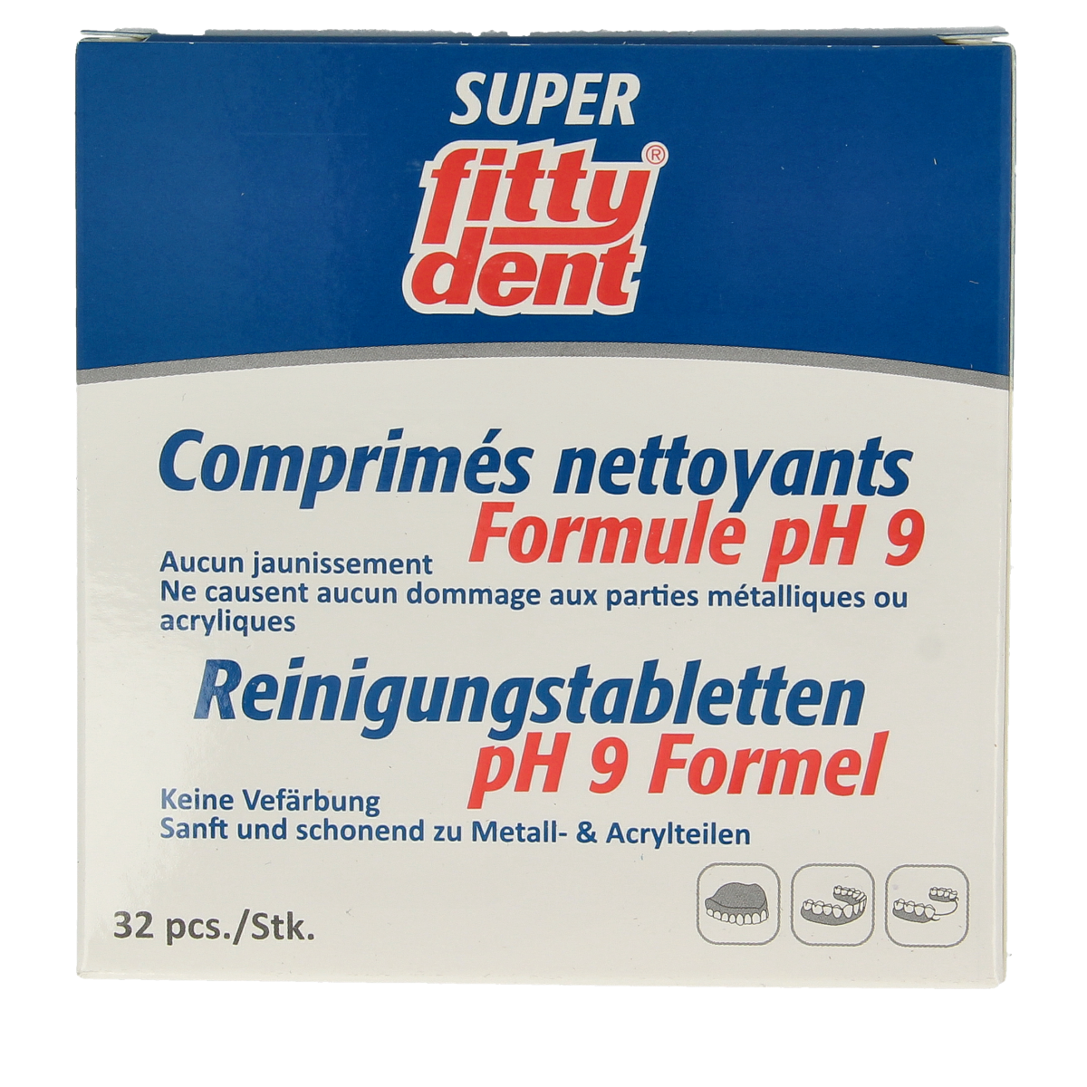 Fittydent protheses cleaning tablets, 32-pack, for dental prostheses, with brand name and images of the tablets.