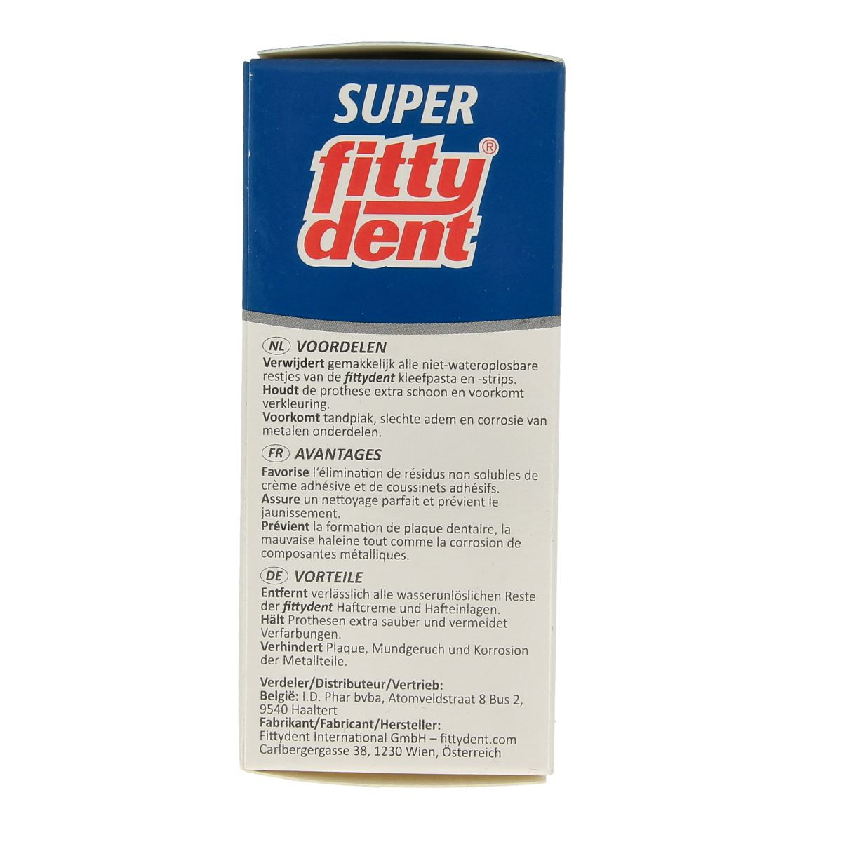 Fittydent protheses cleaning tablets in a box, designed for denture cleaning and freshening, brand Fittydent, 32 tablets included.