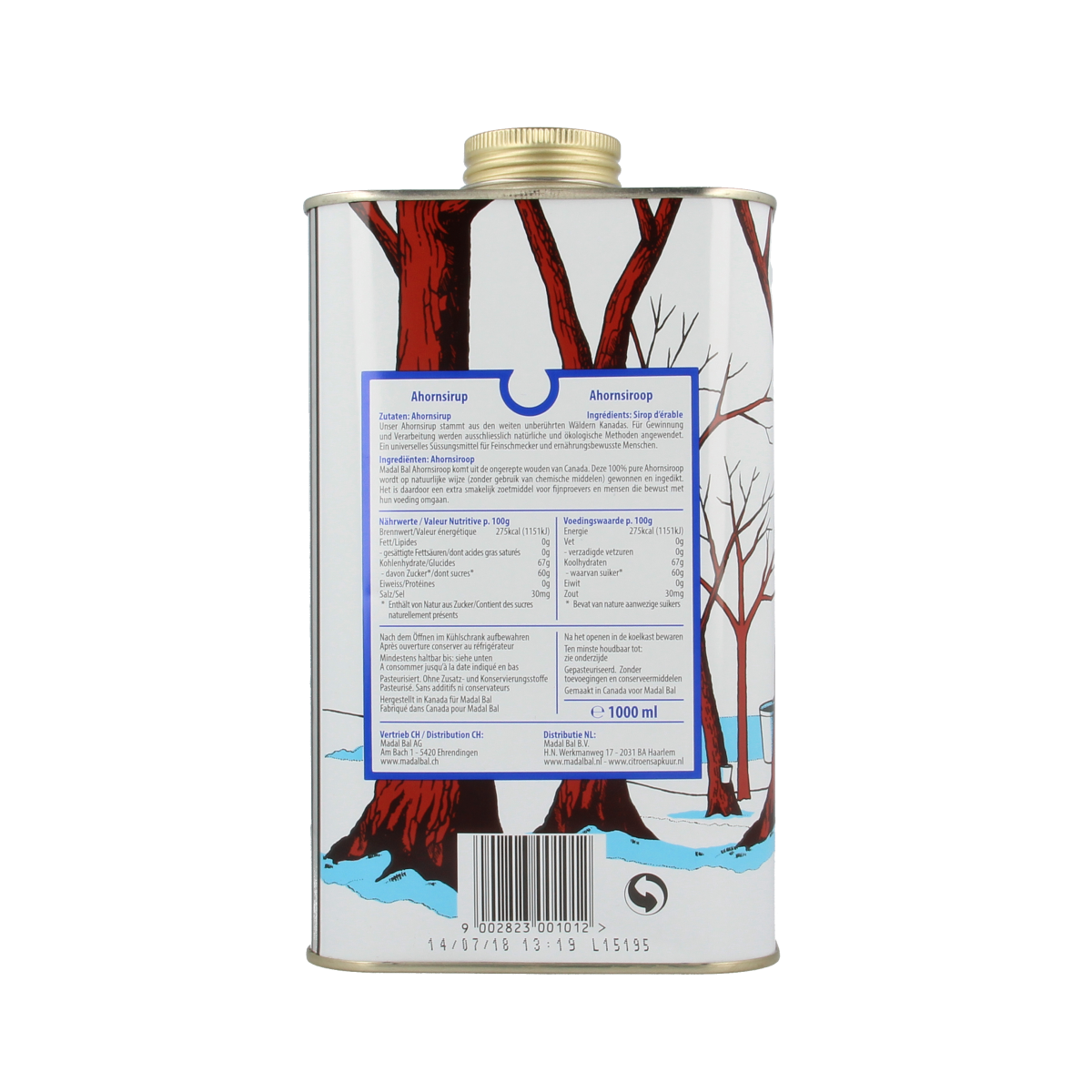 Madal Bal bio ahornsiroop C+ in 1 liter bottle, natural sweetener from sugars and sweeteners product category.