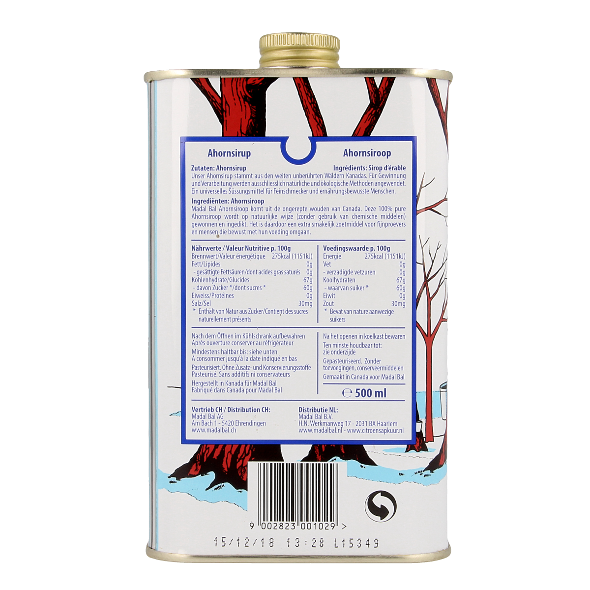 Organic Madal Bal Ahornsiroop C+ in a 500ml bottle, natural sweetener from Madal Bal, ideal for cooking and baking.