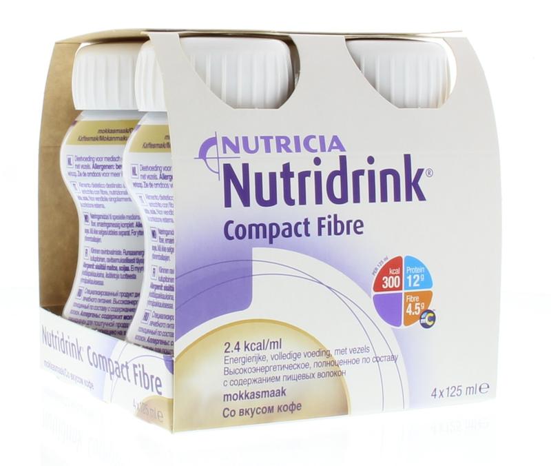 Nutridrink Compact fibre Mokka 125ml medical dietary drink, 4-pack, creamy coffee flavor in small bottles