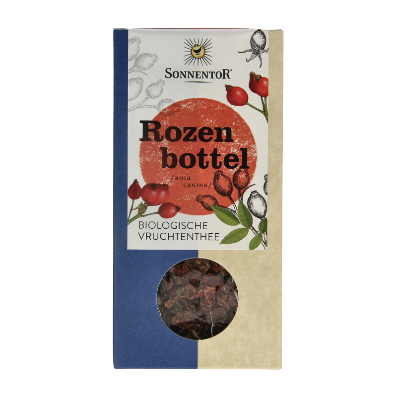Organic Sonnentor Rozenbottel loose tea in a 100g package, featuring dried rosehip berries in a natural, rustic setting.