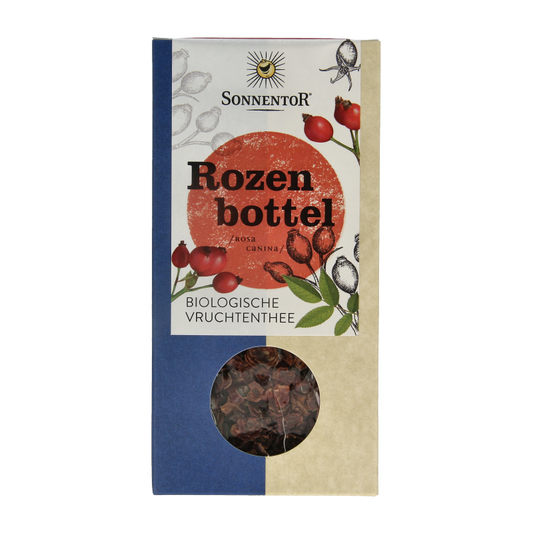 Organic Sonnentor Rozenbottel loose tea in a 100g package, featuring dried rosehip berries in a natural, rustic setting.