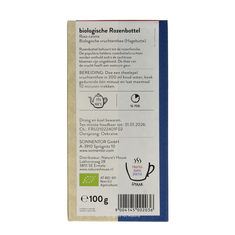 Sonnentor organic rosehip tea in a 100g loose tea package with dried rosehip berries visible.