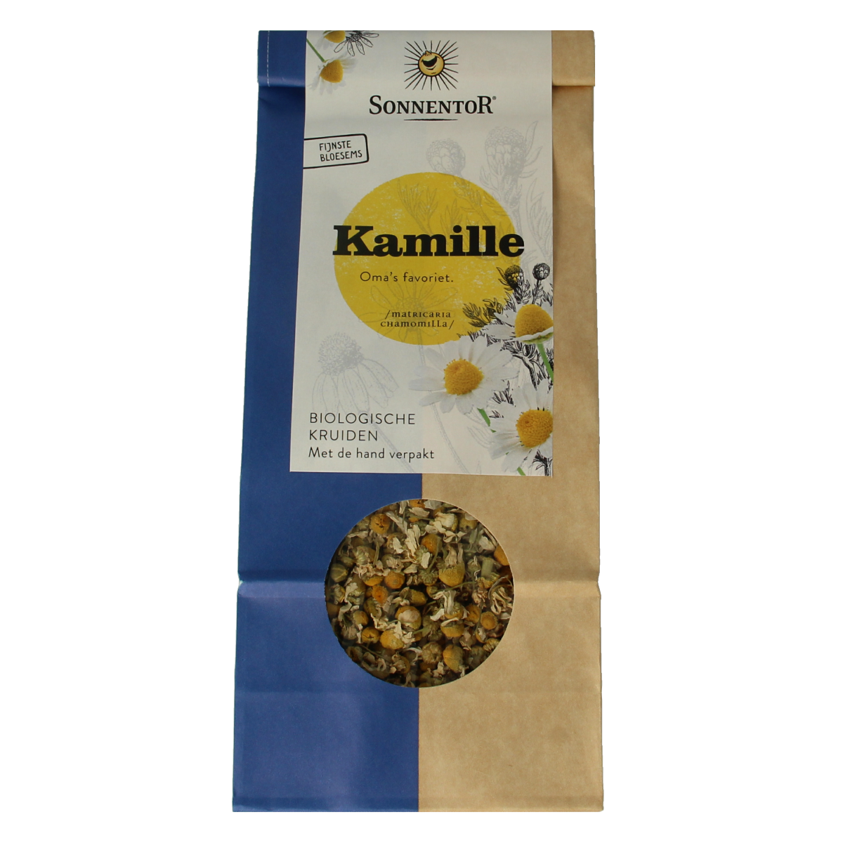 Organic Sonnentor chamomile tea loose leaves in a 50g package, featuring dried chamomile flowers and herbal tea ingredients.