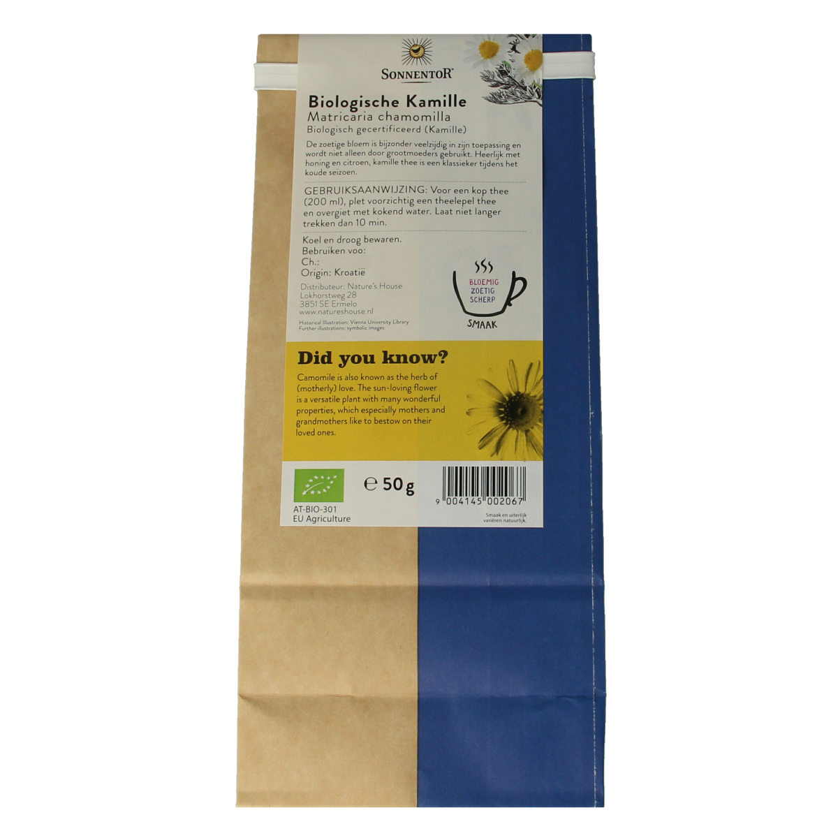 Sonnentor Kamille thee los bio, 50g, organic chamomile tea in a clear packet with dried chamomile flowers inside.