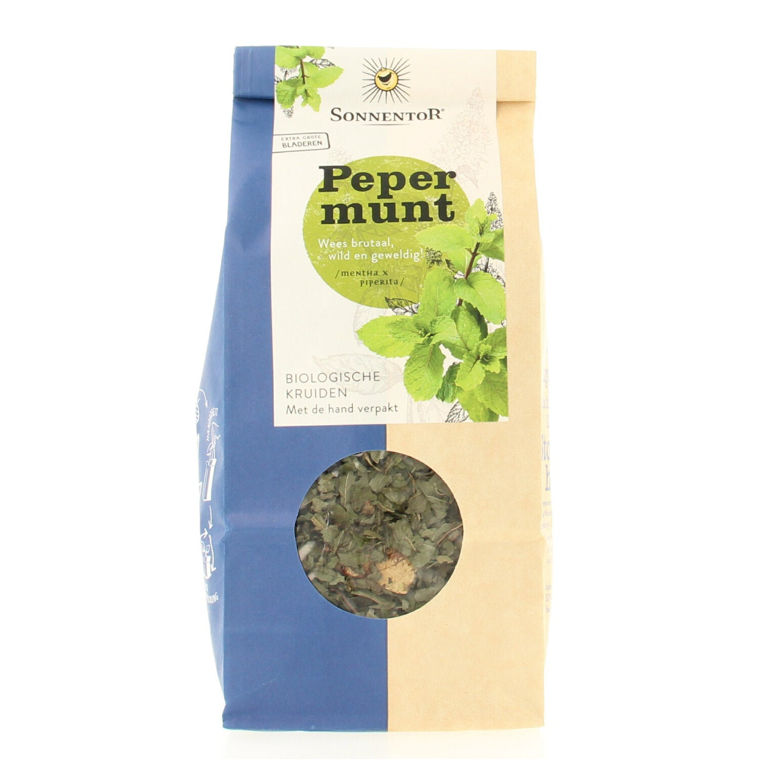 Sonnentor organic peppermint tea loose leaves in a clear glass jar, showing fresh green dried peppermint leaves.
