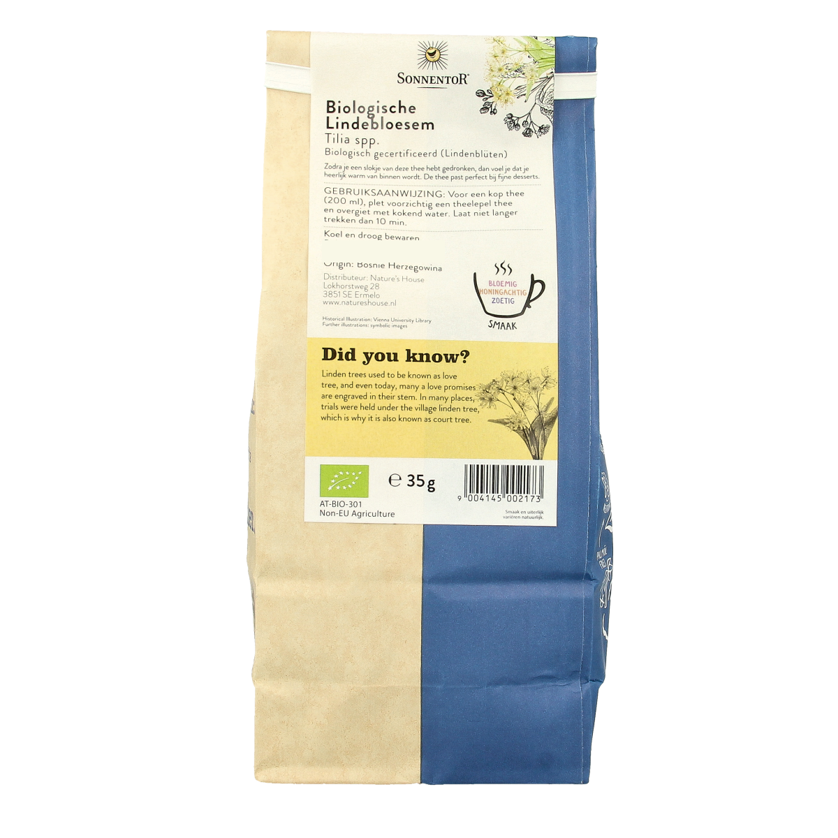 Sonnentor Lindebloesem loose organic tea in a white container, showing fresh dried linden blossoms for soothing herbal infusion.
