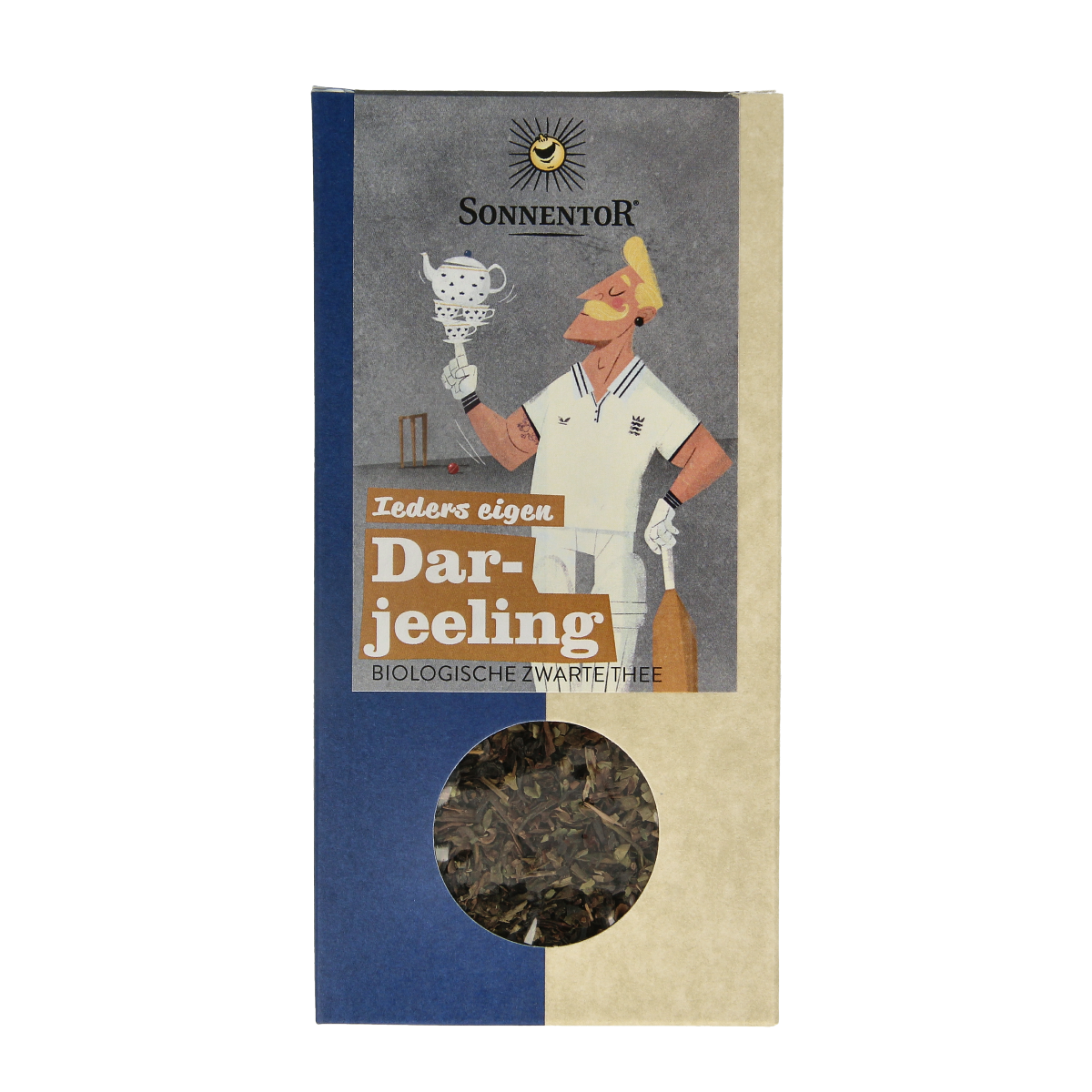 Organic Sonnentor Darjeeling black loose tea in a 100g package, showcasing dried tea leaves in a natural setting.