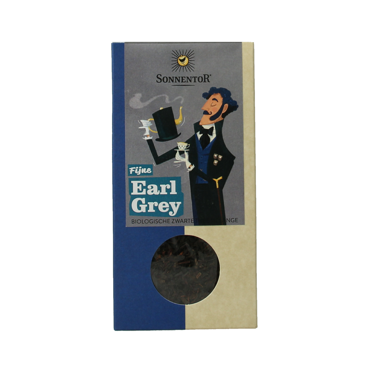 Sonnentor Earl Grey zwarte losse thee in 90g pack, featuring a dark tea blend with bergamot aroma and organic certification.