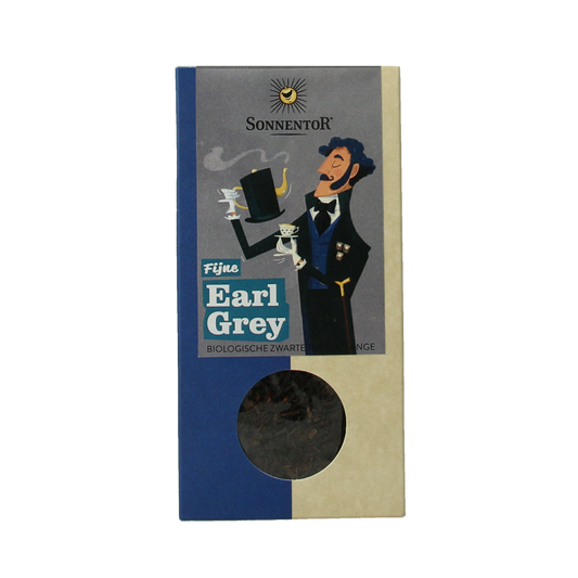 Sonnentor Earl Grey zwarte losse thee in 90g pack, featuring a dark tea blend with bergamot aroma and organic certification.