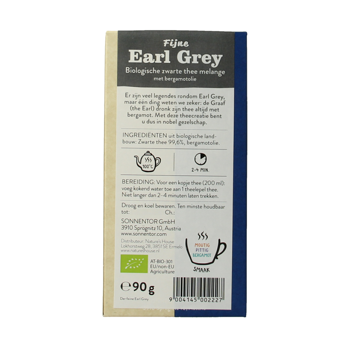 Sonnentor Earl Grey zwarte thee los bio in 90g package, featuring tea leaves with citrus and bergamot aroma.