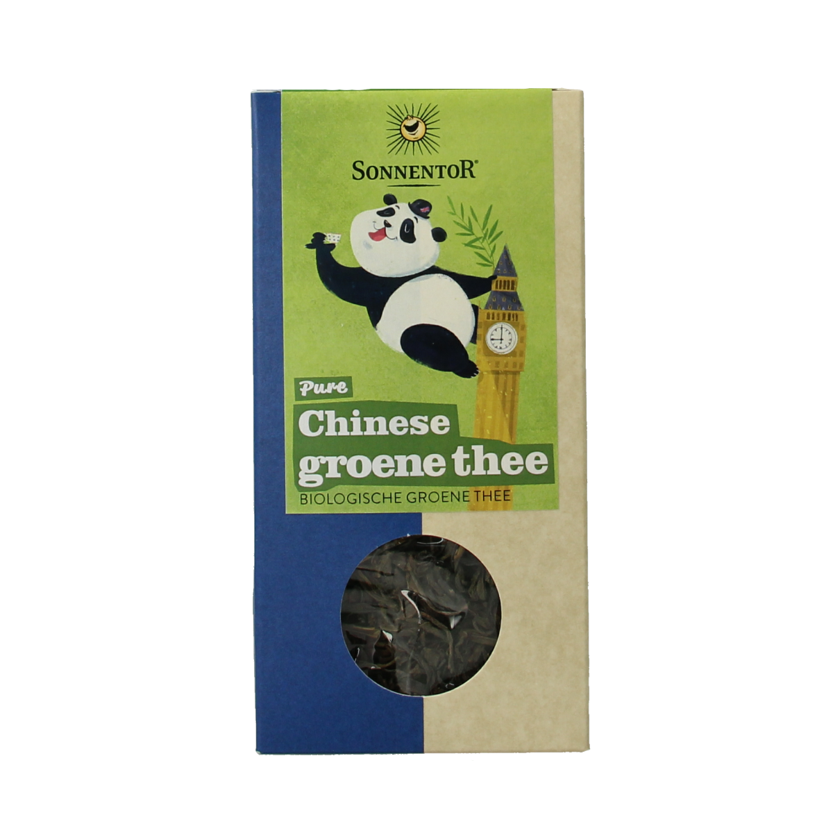Sonnentor Chinese groene thee los bio, 100g, premium organic green tea leaves in a clear glass jar with a green label.