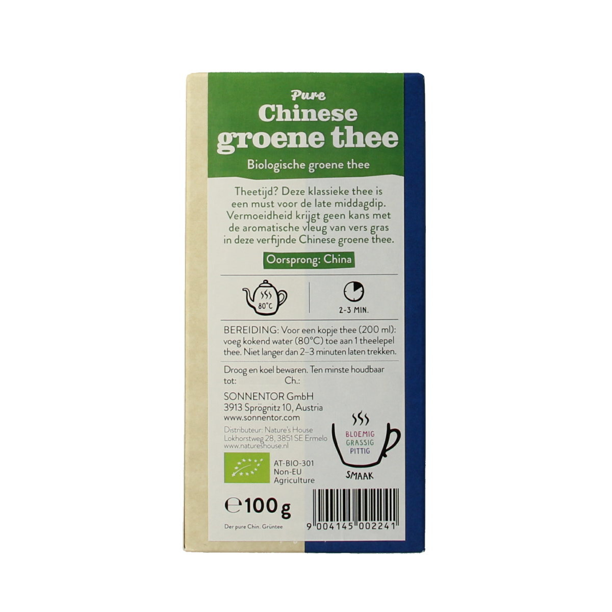 Organic Sonnentor Chinese green loose tea in a 100g package, featuring fresh green tea leaves and traditional packaging.