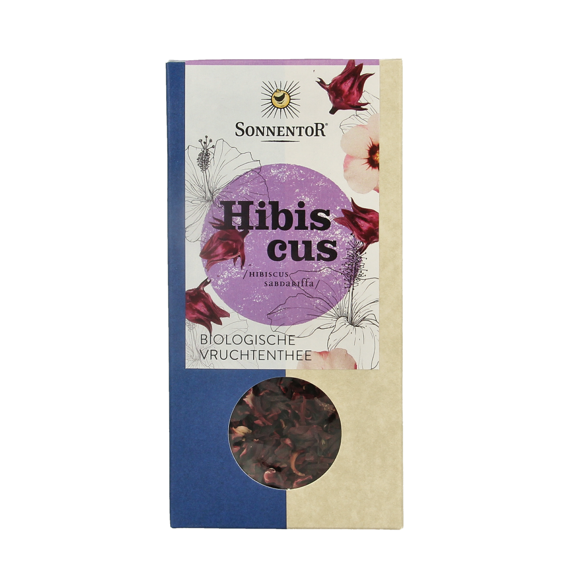Sonnentor Hibiscus Tea loose leaves in a clear jar, showing vibrant red hibiscus petals and dried tea blend for herbal infusion.